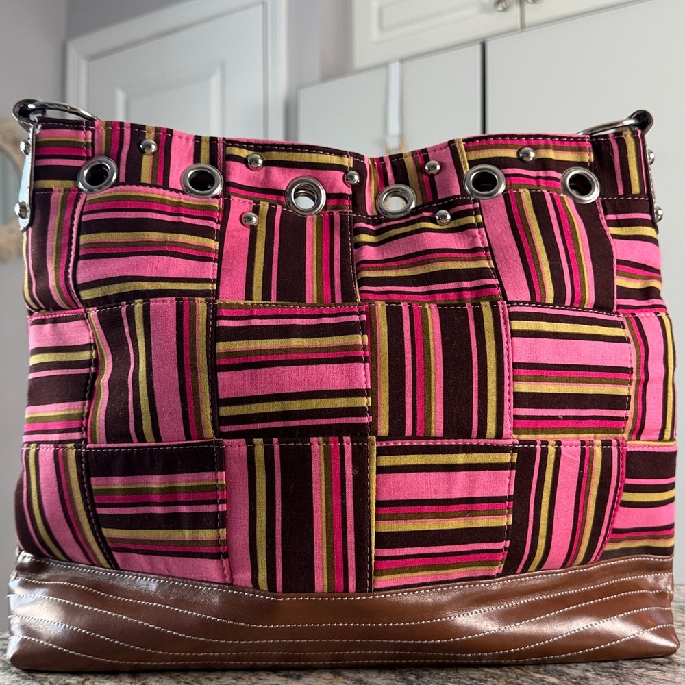 Pink Striped Vegan Leather Studded Bag Rhinestone Glam |Statement Purse Like New - Picture 6 of 17